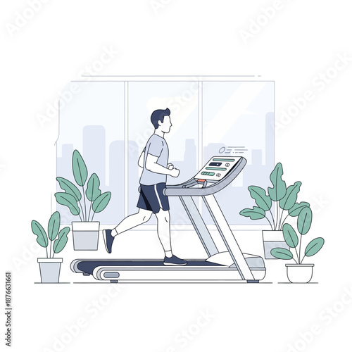 Man running on treadmill in modern home gym with plants and city view