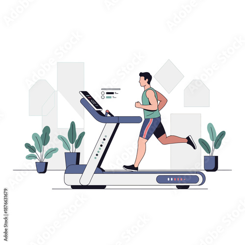 Man running on treadmill for exercise, healthy lifestyle, indoor fitness