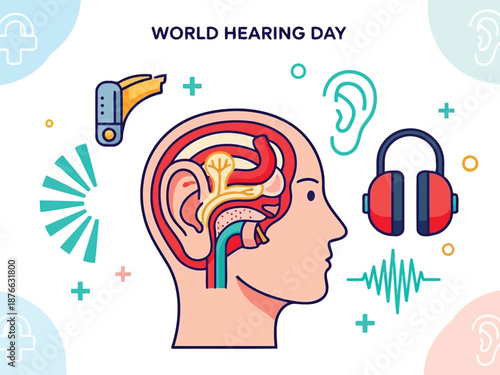 World Hearing Day concept with ear anatomy and medical equipment vector