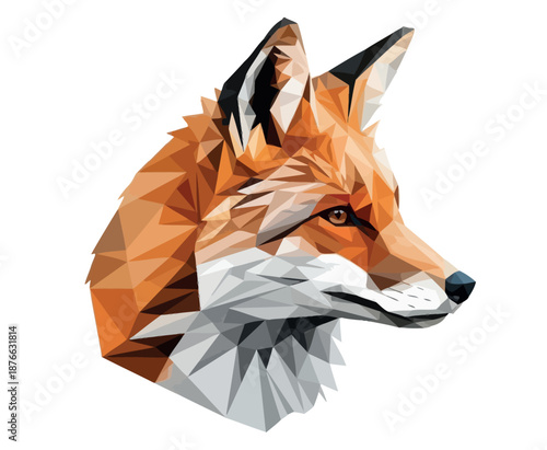 A visually striking geometric low poly fox head profile graphic, ideal for contemporary branding, engaging logos, unique graphic projects, and modern print materials.