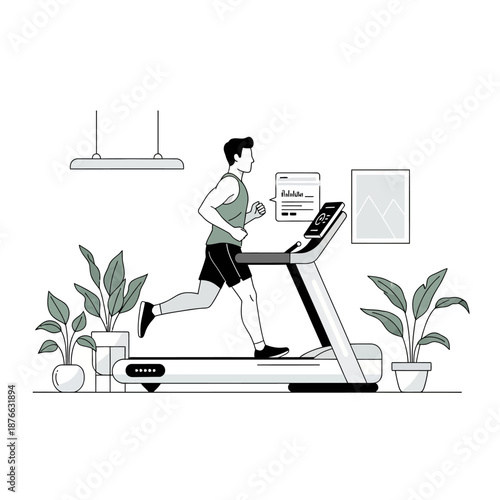 Man running on treadmill in modern home gym, healthy lifestyle