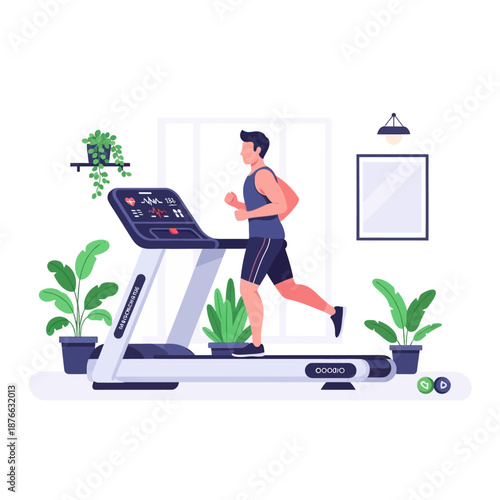 Man running on treadmill at home, healthy lifestyle, indoor cardio workout