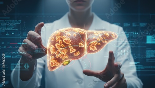 A medical worker pointing at a glowing liver model, showing Liver Cirrhosis, digital healthcare, and future diagnosis