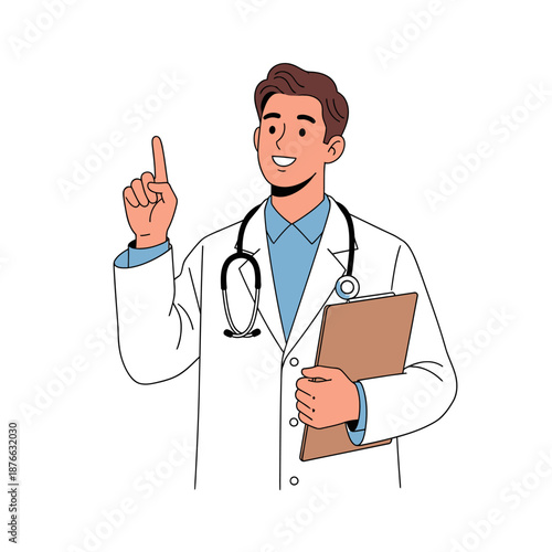 Doctor pointing up with clipboard, smiling, illustration on white background