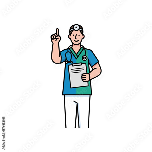 Doctor with Stethoscope and Clipboard, Raising Finger, Offering Advice or Solution