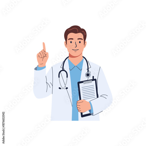 Doctor Holding Clipboard and Pointing Finger Up, Medical Professional Advice