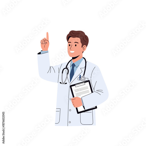 Doctor Pointing Up With Clipboard, Medical Professional Idea Concept