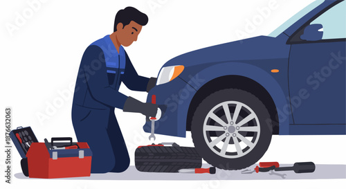 Professional mechanic in blue uniform kneeling, repairing a blue car with tools, a toolbox, and a spare tire, illustrating dedicated auto service and vehicle maintenance.