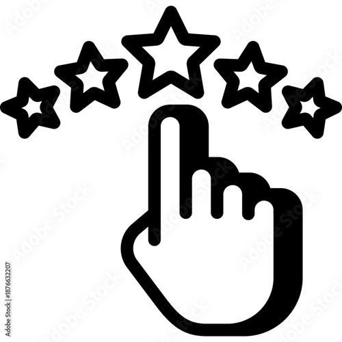Minimalist icon of a hand with an index finger pointing to a row of five stars, user experience of rating or ranking quality