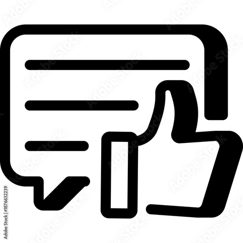 Linear icon of a hand giving a thumbs up next to text lines, documented recommendation or positive evaluation