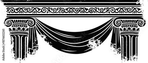 Classical greek architectural design with ionic columns and decorative frieze featuring draped fabric