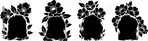 Silhouettes of gravestones adorned with floral wreaths and decorative flowers, black and white design