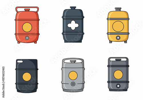 Colorful cartoon illustration set depicting various liquid storage containers including gas tanks, water coolers, industrial barrels, and beer kegs in flat design style.