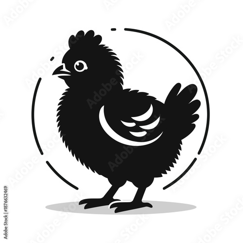 A black silhouette of a cute bird standing on a gray shadow