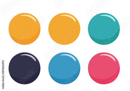 Vibrant glossy circles illustration with a variety of colors, featuring abstract round shapes and shiny surfaces for modern design elements on a clean white background.