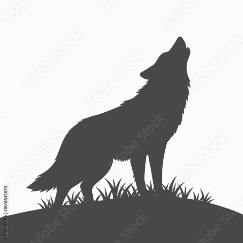 Wolf Howling Silhouette on Hilltop with Grass