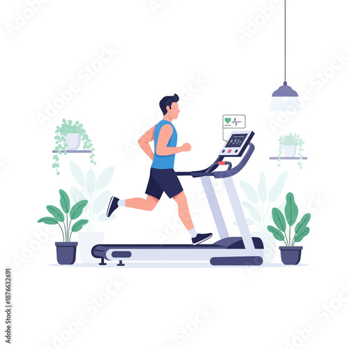Man running on treadmill in a modern home gym with plants and heart monitor display
