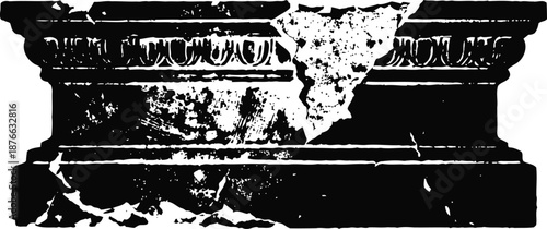 Ancient cracked black stone pedestal with classical decorative molding and weathered texture