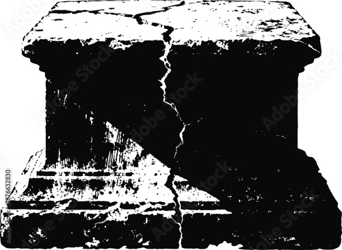 Cracked ancient stone pedestal base with weathered texture and broken fissures