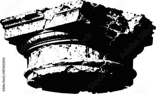 Ancient cracked classical column capital, round stone architectural detail fragment