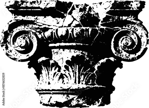 Ancient corinthian column capital with spiral volutes and acanthus leaf ornamentation in black and white