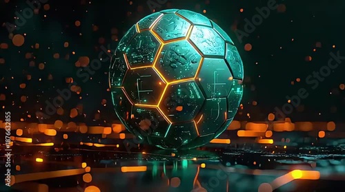 A futuristic sphere composed of glowing hexagonal segments sits on a dark, reflective digital surface with orange light particles.