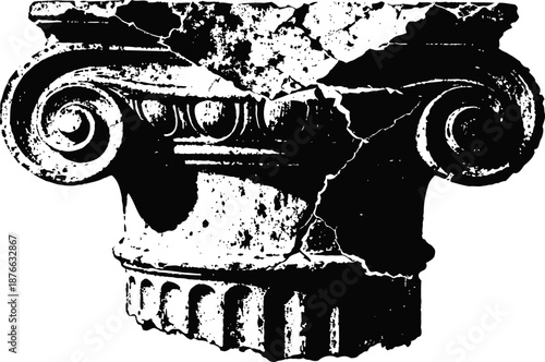 Ancient cracked ionic column capital with volute scrolls and fluted design in classical architecture