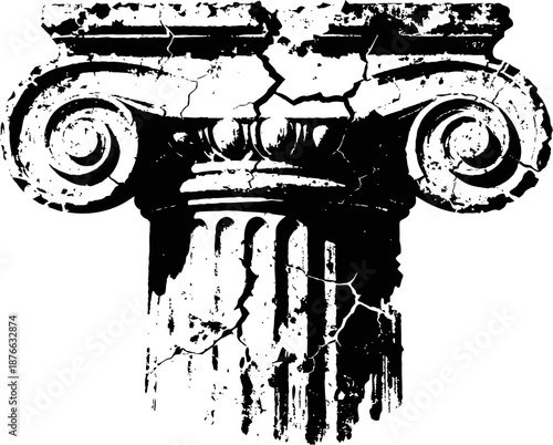 Ancient cracked ionic column capital with scrolls and fluted shaft in distressed vintage