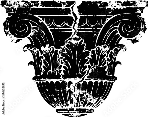 Ancient corinthian column capital with acanthus leaves and scrolls, cracked and weathered design