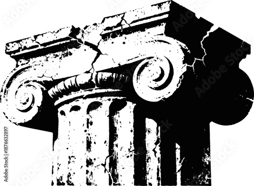 Ancient cracked ionic column capital with scroll designs and fluted shaft fragment