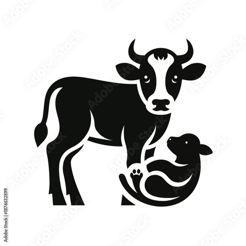 A black silhouette of a cow standing and eating from the ground