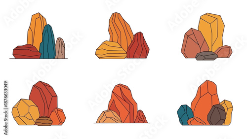 Abstract Colorful Rock Formations Set, Geometric Stone Clumps