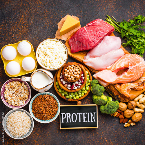 High Protein Foods Assortment with Meat, Fish, Eggs, Dairy and Legumes on Dark Background