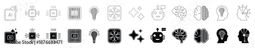 AI icon set-Line icons and silhouette. Artificial intelligence icon set with AI brain, neural network, chatbot, processor chip and idea bulb symbols for machine learning, automation and tech UI design