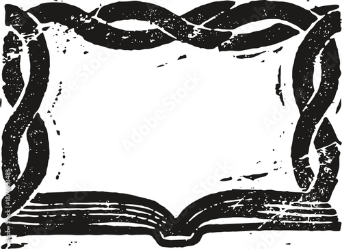 Vintage grunge open book with twisted rope frame border, retro literature and reading theme