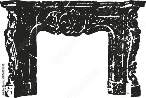 Vintage ornamental stone fireplace mantel with intricate classical carvings and decorative relief