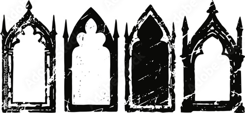 Set of four grunge gothic window frames with pointed arches and distressed texture