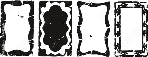 Set of four vintage black and white grunge decorative frames with distressed edges and irregular shapes