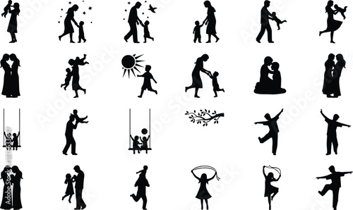 Happy family silhouettes collection, parents children activities, playful childhood moments, motherhood fatherhood love, joyful lifestyle scenes, black silhouette illustration set