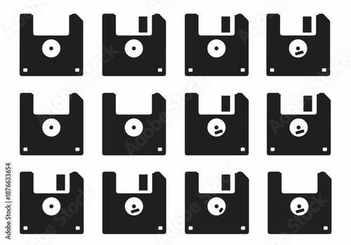 Grid of Black Floppy Disk Icons on White Background, Representing Retro Digital Storage and Data Saving Technology for Computer Systems.