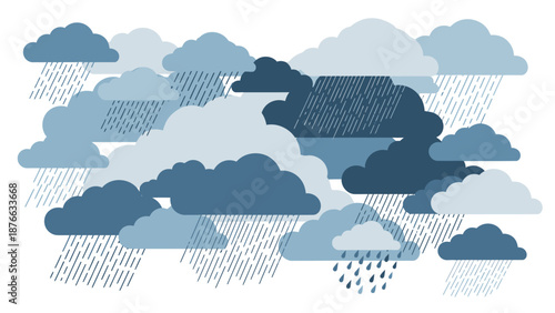 Abstract illustration of rainy clouds in various shades of blue and grey.