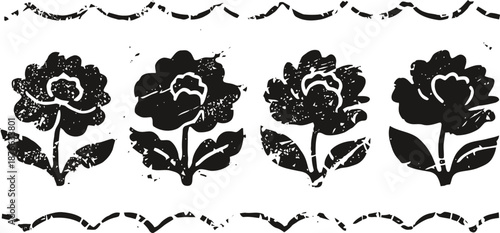 Set of four black grunge floral silhouettes with textured decorative border design