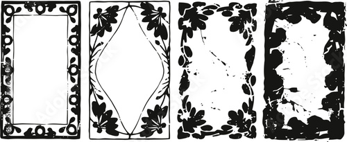 vintage decorative black and white floral frames with grunge texture and ornamental design elements