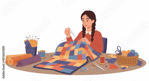 A young woman diligently sewing a colorful patchwork quilt, surrounded by crafting supplies like fabric rolls, thread, and scissors on a table.