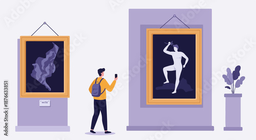 Young man with smartphone admiring modern art in a contemporary museum gallery, exploring culture and technology.