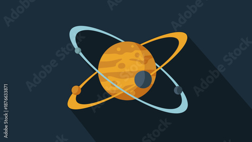 Abstract planet with orbiting moons and rings, flat design, space concept