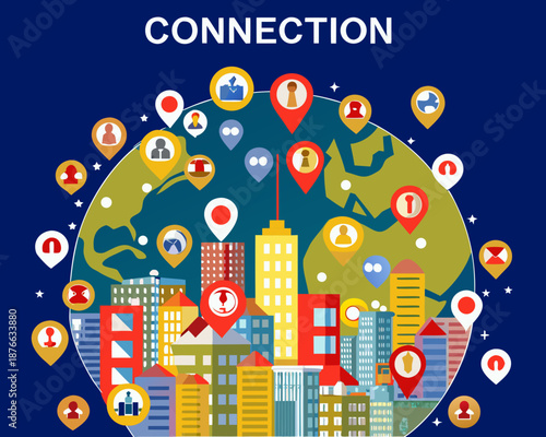 Vibrant cityscape with global connections and social network icons