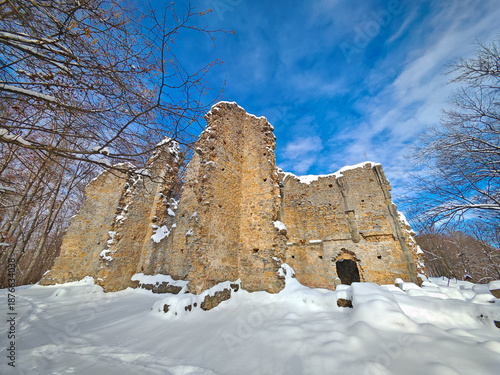 Photos Historic stone ruins of the Pauline monastery rising from snow-covered ground, framed by bare trees and blue sky