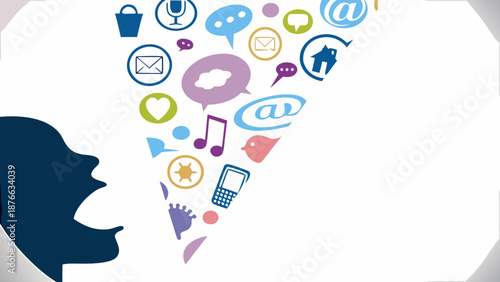 Vibrant social media icons flowing from a person's head