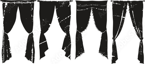 Set of vintage curtains silhouettes classic window drapes with frayed edges and tied back design